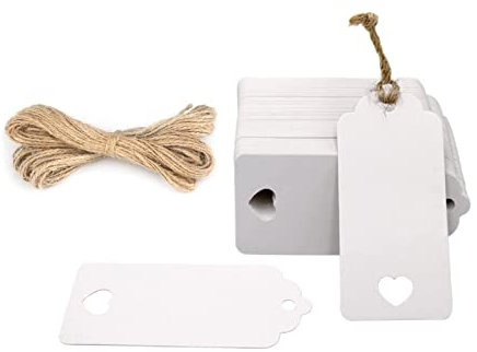 FAMIDIQGO Weißer hängender Tag mit Herz, 100 Stücke Geschenketiketten mit 20m Juteseil, weiße Etikettenkarte mit Herz, Hochzeitsgeschenk mit Juteseil für Weihnachten