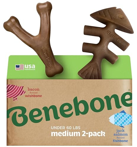 Benebone Lot de 2 Jouets à mâcher durables pour Chien, véritable Poisson, véritable Bacon, fabriqués aux États-Unis, Taille M