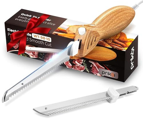 Prikoi Couteau électrique – Lames dentelées faciles à trancher pour découper la viande, le pain, la dinde, les côtes, le filet, le bricolage, poignée ergonomique + 2 lames pour aliments crus et cuits