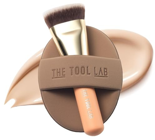 THE TOOL LAB All Day Fitting Duo (Glow type) - Premium Base Makeup Set for Liquid Cream Powder Foundation, Buffing Blending Face Brush, Sponge, Portable Case - 1.1 Flat Top Brush
