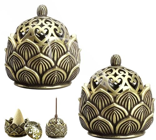 SRTSTR 2 Pezzi Bruciatore Incenso Lotos Porta Incenso in Grani Brucia Incenso Tibetano Cono Mini Bruciatore di Incenso Cavo Vintage Portaincenso Bastoncino per Ufficio Casa Tè Decorazione (Bronzo)