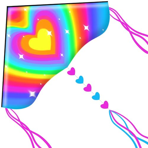 HONBO Delta Kite for Kids & Adults,Easy to Fly Kites for Kids Ages 4-8, Wonderful Single Line Beach Kites for Adults Gaint, Kite Handle and Line Included (Heart)