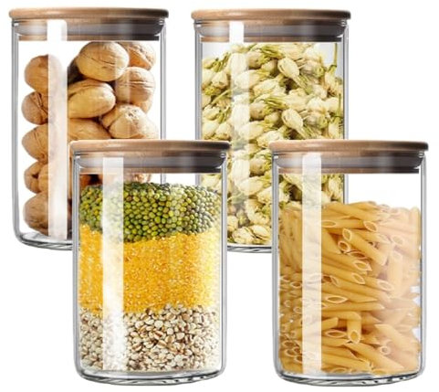 MEETOZ 1000ml Set of 4 Glass Jars with Bamboo Lids,High Borosilicate Glass Transparent Airtight Food Storage Tank,Large Capacity Kitchen Food Containers for Spices,Coffee Beans,Oatmeal