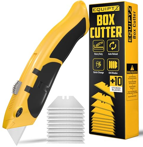 Auto Reload Utility Knife with 10 Preloaded SK5 Blades, Heavy Duty Box Cutter Retractable and Razor Knife with Non-Slip Rubber Handle and Lanyard Hole