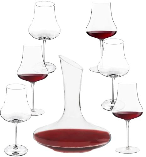 Set 6 Calici da Degustazione Vino 670 ml + Decanter 1800 ml Cristallo Trasparente Elegante Set Vino