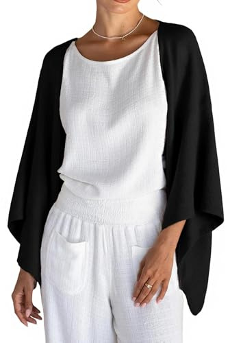Women's Linen Cardigan 3/4 Sleeve Open Front Shawl Wrap Cover Ups Lightweight Kimono Shrug Poncho Loose Shrug Sweaters (A-Black, L)