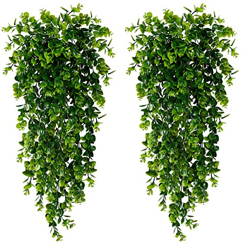 Sggvecsy 8 Pack Artificial Hanging Plants Fake Hanging Plant Faux Hanging Eucalyptus UV Resistant Plastic Plants for Indoor Outdoor Room Wall Wedding Patio Porch Decor