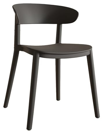 Uppsättning av 4 stapelbara uteplatsstolar för utomhusbruk, svarta matstolar i plast med ryggstöd för inomhus- och utomhusbruk. Perfekt för veranda, trädgård och vardagsrum.
