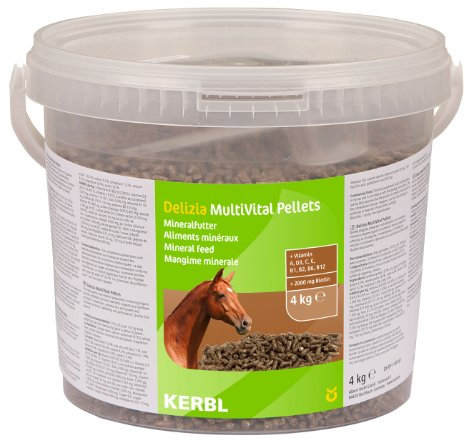 Kerbl Delizia Pellets MultiVital, Ergänzungsfutter, Nahrungsergänzung, 4kg/Eimer, Pferde, wichtige Spurenelemente und Vitamine