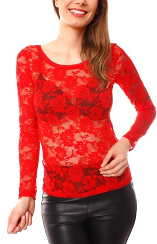 Easy Young Fashion - Camiseta de manga larga para mujer con encaje - Blusa de malla transparente - Cuello redondo Corte ajustado 1095 (XS-M), rojo, Tallaúnica