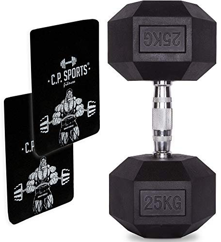 C.P. Sports Hexagon Hanteln gummiert 1-80 kg (Stück) - Dumbbell mit ergonomischen Chrom-Griff, Kurzhantel, Kurzhanteln, Dumbbel, rutschsicher (20 KG - STK.)