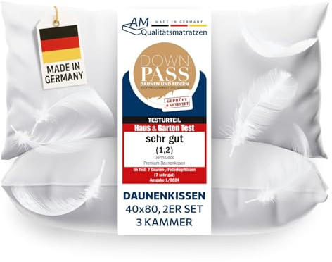DormiGood Daunenkissen 40x80 - Made in Germany 3 Kammer Kopfkissen 40x80cm - Außenkammer aus 100% Daune - Federkissen 40 x 80 Allergiker geeignet - Kopfkissen 40x80 Federn und Daunen Füllung 2er Set