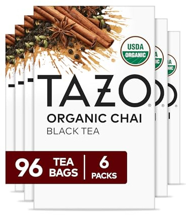 TAZO Organic Chai Black Tea Bags, Blend of Black Teas, Ginger, Cinnamon, Black Pepper & Cardamom, 96 Total Tea Bags (16ct - Pack of 6)