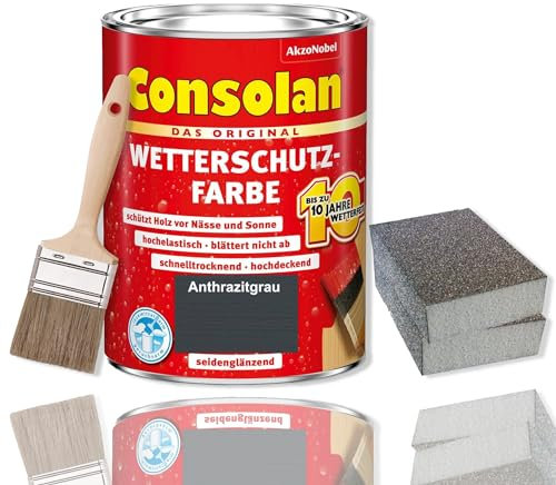 Consolan Wetterschutzfarbe Set 2,5 l Holzfarbe Dauerschutz Deckend mit Zubehör (Anthrazitgrau)