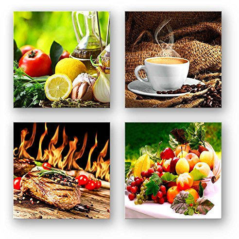 Mehrteiliges Küchen Bilder-Set, 4-Wandbilder je 30x30cm klein - quadratische Form - tolle Kunstdrucke zur Deko für Küche, Flur, Esszimmer, Deko Bild, Kaffee Obst Wein, Set C