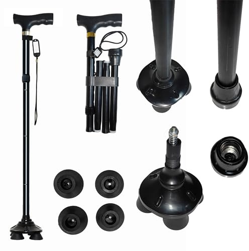 Syiyunran Todo Terreno Plegable Bastón - Negro 1pc, una Sola Pierna y Giratorio Pequeño Cuádruple Doble Propósito, Puede ser Utilizado para Caminar, Ayuda, Antideslizante Personas Mayores