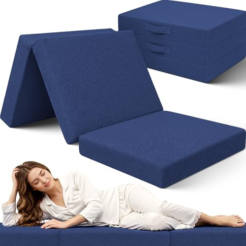 SAPPHIRE Tri-Fold Folding Mattress Single, 12cm High Density Foam Floor & Guest Bed, Portable Foldable Futon Mattress with Washable Cover, Travel & Camping Z Bed (Navy Blue)