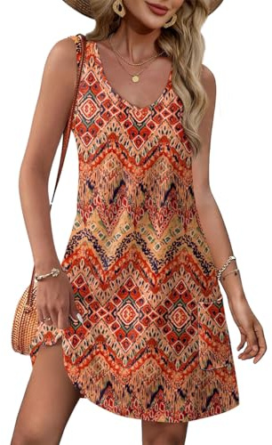 Yeenily Robe Femme Col en V Décontractée sans Manche - Robe de Plage Été Courte Débardeur Chic et Elegant Mini Tunique avec Poches (Couleur 6, XXL)