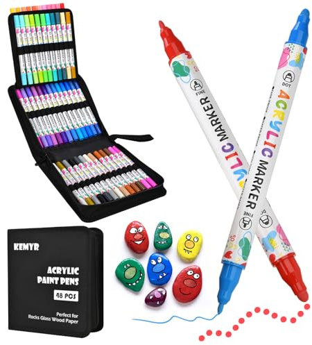 KEMYR 48 Farben Acrylstifte Set mit Doppelspitze, Acrylmarker Wasserfeste für Steine, Holz, Glas & Papier,Acrylic Paint Marker Set für Erwachsene zum Zeichnen,Acrylic Paint Pen für DIY-Bastelprojekte