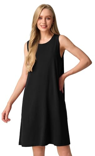 SIORO 100% Merino Wool Women's Sleeveless Dress Casual Solid Tank Dress for Women Knee-Length Summer Dresses with Pockets Black