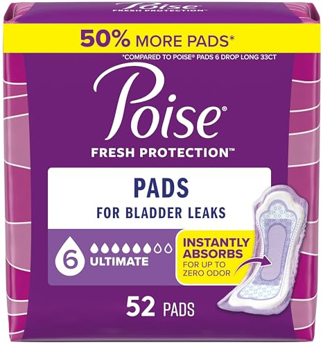 Poise Incontinence Pads & Postpartum Incontinence Pads, 6 Drop Ultimate Absorbency, Regular Length, 52 Count, Packaging May Vary