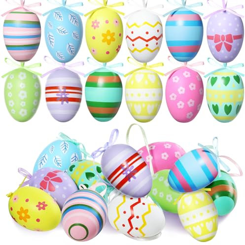 ZZOUFI Uova di Pasqua Decorative, 24pcs Ovetti Pasquali da Appendere, Uova Colorate per Albero di Pasqua Esterno, Decorazioni Uova di Pasqua Fuori Finte
