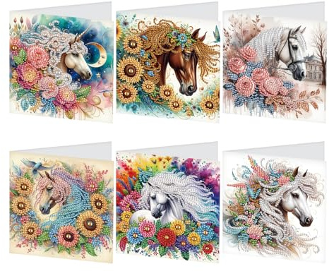 SHEGZHUC Set di 6 biglietti di auguri per diamond painting, motivo: cavalli, testa di diamante, biglietti di ringraziamento, biglietti di ringraziamento, biglietti di auguri per le vacanze, ricamo a