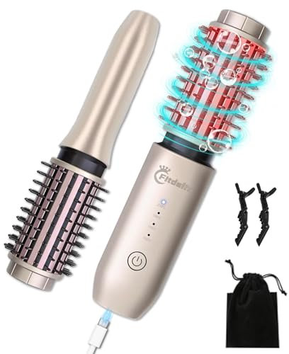 Cordless Hair Curling Iron Brush, 1.5 Mini Cordless Hair Curler, 3-in-1 Travel Curling Brush Hair Straightener Comb Rechargeable, 7000mAh Portable Ionic Heated Curling, Gold