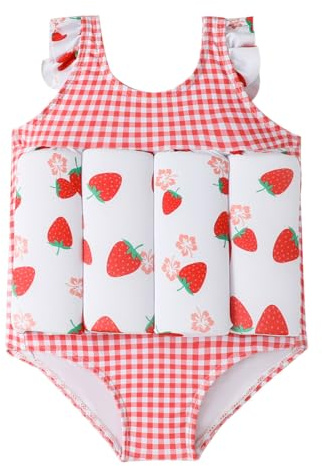 IMEKIS Girls One Piece Swimsuit Lovely Print Swimwear with 8 Removable Sticks Kid Baby Learn to Swim Bathing Suit Sleeveless Ruffle Swimming Costume Red 12-18 Months