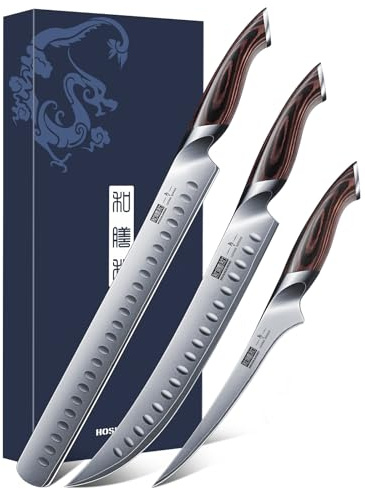 HOSHANHO Carving Knife Set 3PCS, Japanese High Carbon Steel Brisket Slicing Knife Sets with Ergonomic Pakkawood Handle, Butcher Knife Breaking Knife Boning Knife for Meat Cutting