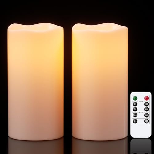 Eldnacele Candele impermeabili senza fiamma con funzione timer, alimentate a batteria, grandi candele a LED, telecomando per esterni, lanterne da giardino, luce tremolante, set da 2 pezzi (diametro 10