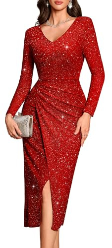 Bbonlinedress Abito da donna lungo da sera con paillettes per balli di fine anno e cocktail, vestito lungo spaccato con glitter scintillanti, formale, per ospiti di matrimonio, Rosso, L