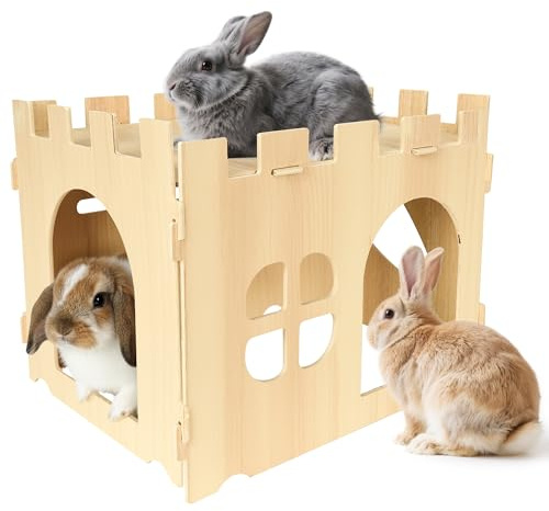 Wooden Rabbit House 40x30x30cm, Large Bunny Castle Detachable Rabbits Hideaway Playhouse, Animal Shelter for Small Pet Indoor Rabbit Guinea Pig Chinchilla Hedgehogs Hamsters Rats Ferrets