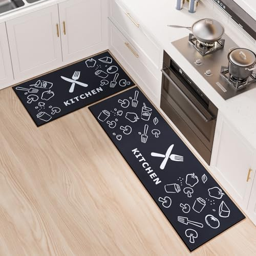 7VSTOHS 2 Pièces Tapis De Cuisine Et Paillassons Antidérapants Lavables en Machine Tapis Essuyables pour Cuisine, Entrée Et Couloir Faciles à Nettoyer(Noir,43×75+43×120cm)