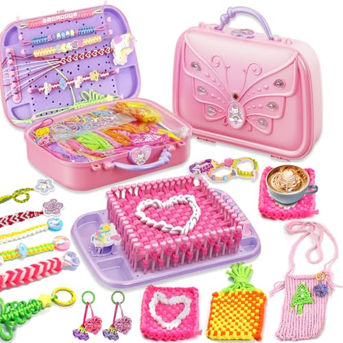 Souroyea 6-in-1 Friendship Bracelet Making Kit for Girls,Weaving Loom Kit Toys, Craft Kits for Kids,Age 6-12 Year Old Girls Gifts Ideas, Bracelet & Coaster & Bag Weaving Making kit-Pink