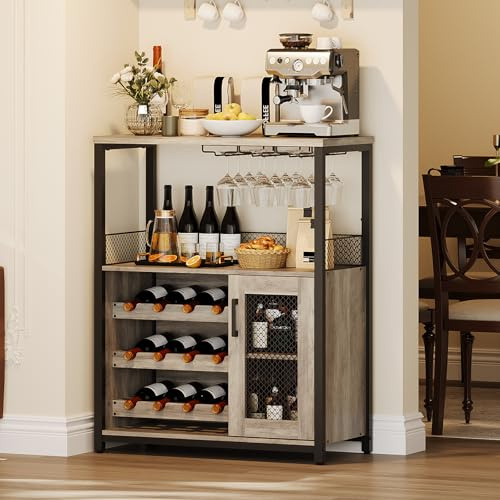 GarveeHome Armario para vino, armario industrial 70 x 35 x 92 cm, botellero ajustable con soporte de cristal, armario para cocina, comedor, salón, mueble de bar de café - B