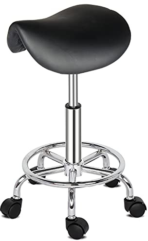 Bonnlo Sattelhocker, Rollhocker höhenverstellbar, Arbeitshocker 360° drehbar, Drehhocker für Büro/Salon/Bar, Kunstleder, Schwarz