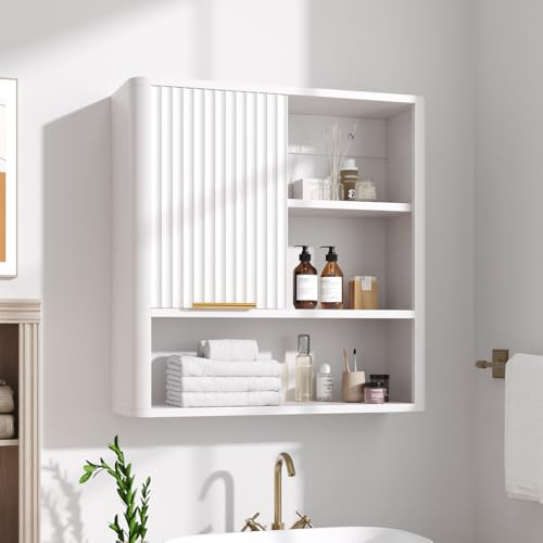 Warmiehomy Bathroom Wall Cabinet with Movable Waving Pattern Door,Bathroom Cabinet Storage with Adjustable Shelf Wooden Medicine Cabinet Cupboard Over Toilet Storage Unit(White,60X20X60CM)