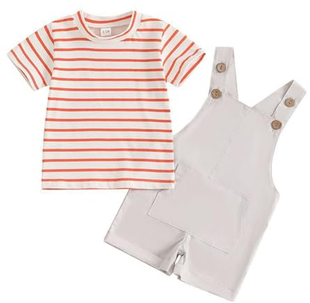 JENJON Completo Estate Vestiti Set di Pantaloncini a Bretelle per Ragazzi Maglietta a Righe a Maniche Corte + Salopette Primavera Completini Set Strisce rosse 6-12 Mesi