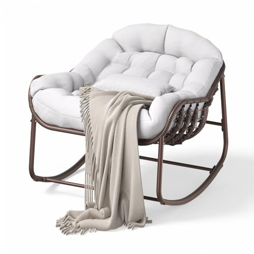 CuteHairy Rocking Chair Indoor Outdoor, Oversized Papasan Chair with Thick Cushion, Reclining Lounge Armchair, Metal Frame & Wooden Base, Accent Rocker for Patio Garden Balcony Living Room
