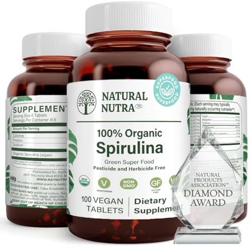 Natural Nutra 100% USDA Organic Spirulina Tablets, Helps Maintain Body Fats, Promotes Liver Health, Promotes Immune System, Helps Improve Metabolism, Promotes Immunity, 300mg, 100 Vegan Tablets