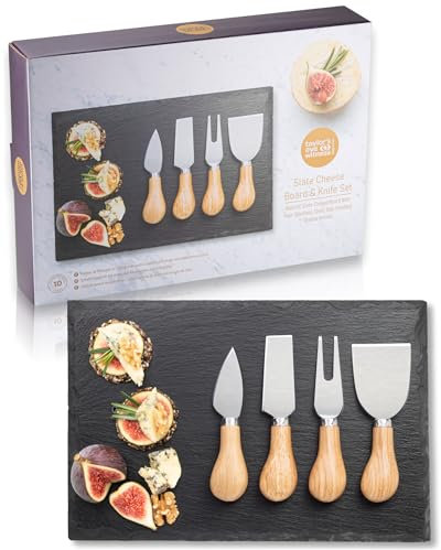 4 Piece Cheese Knife Set & Slate Board - Stylish Cheese Knives Set With Useful Slate Board With Stag Design. Oak Wood Handles & Classic Polished Stainless Steel Blades. 10 Year Guarantee.