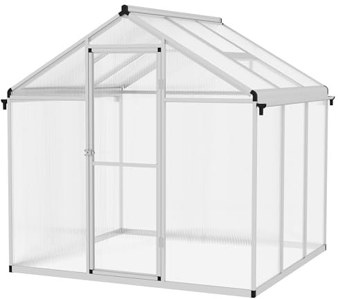 Outsunny 6 x 6ft Polycarbonate Greenhouse with Rain Gutters, Large Walk-In Green House with Door and Window, Garden Plants Grow House with Aluminium Frame and Foundation