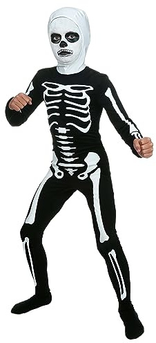 Fun Costumes Kids Karate Skeleton Bodysuit, Spooky Bones Halloween Costume, Black and White Bony Jumpsuit, Small Bundle with Makeup Kit