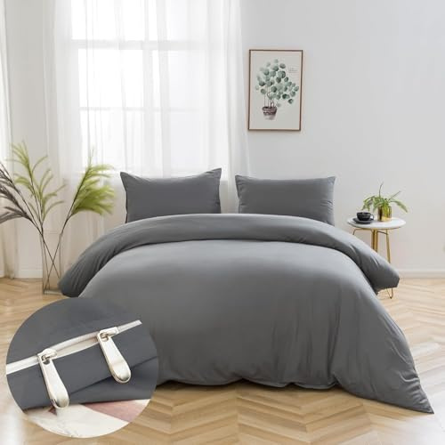 AYSW 16 Couleurs Sets de Housses de Couettes 240x260 cm Double Fermeture Éclair 3 Pièces Microfibre Brossée 100 Fils/cm² + 2 Taies d'oreiller 65x65 cm Gris Parure de Lit Adulte 2 Personnes