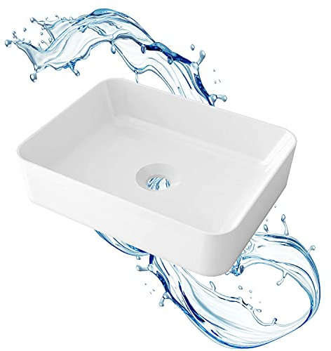 STARBATH PLUS - Rechteckiges weißes Aufsatzbecken ohne Wasserhahn - Badezimmer-Aufsatzbecken - Aufsatzbecken aus Keramik - 49 x 38 x 14 cm