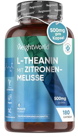 L Theanin Kapseln 408 mg - 180 Vegane Kapseln für 6 Monate - Aminosäure mit Schwarzem Pfeffer Extrakt & Vitamin B6 - L-Theanin Aminoacid aus Camellia Sinensis - Täglich 1 vegene Kapsel - WeightWorld