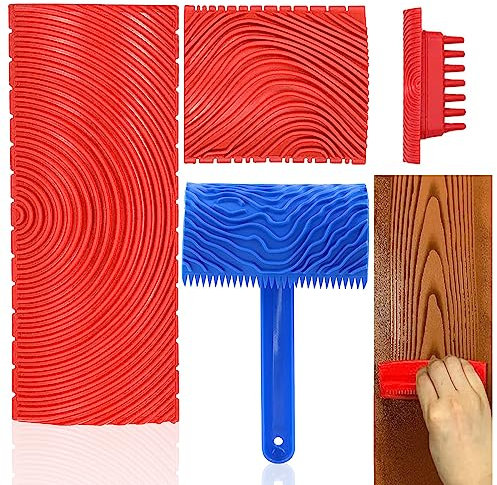 GZjiyu 3 Stücke Holzmaserung Imitieren, Gummi Holzmaserung Werkzeug für DIY Haushalt Wanddekoration Holztür Fensterrahmen Holzimitation (Rot und Blau)