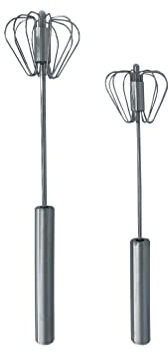 Balevi Stainless Steel Push Whisk - Easy to Use Manual Hand Mixer & Plunger Whisk - Make Froth, Foam & Whipped Cream - Semi Auto Egg Beater Plastic Tip Won’t Scratch Pans (2 Pack 10in & 12in) STEEL