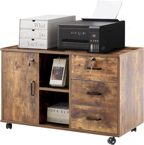 TUKAILAI Rollcontainer Abschließbar mit 3 Schubladen, Lagerung Fach und Offene Regale, Aktenschrank, Büroschrank mit Rollen, Dokumente in DIN-A4, Legal, Letter-Format, Büromöbel, braun